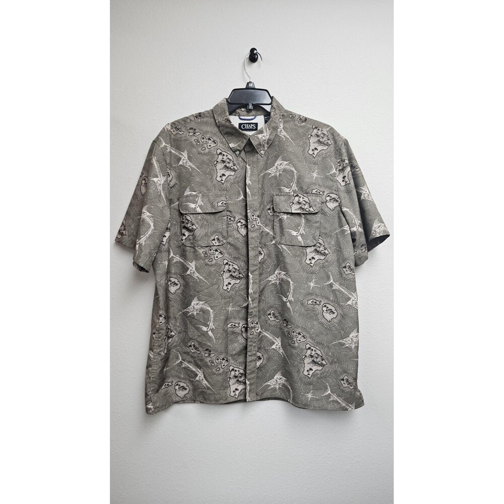 Chaps Shirt Mens 2XL Green Fishing Button Front Island Map Print Short Sleeve